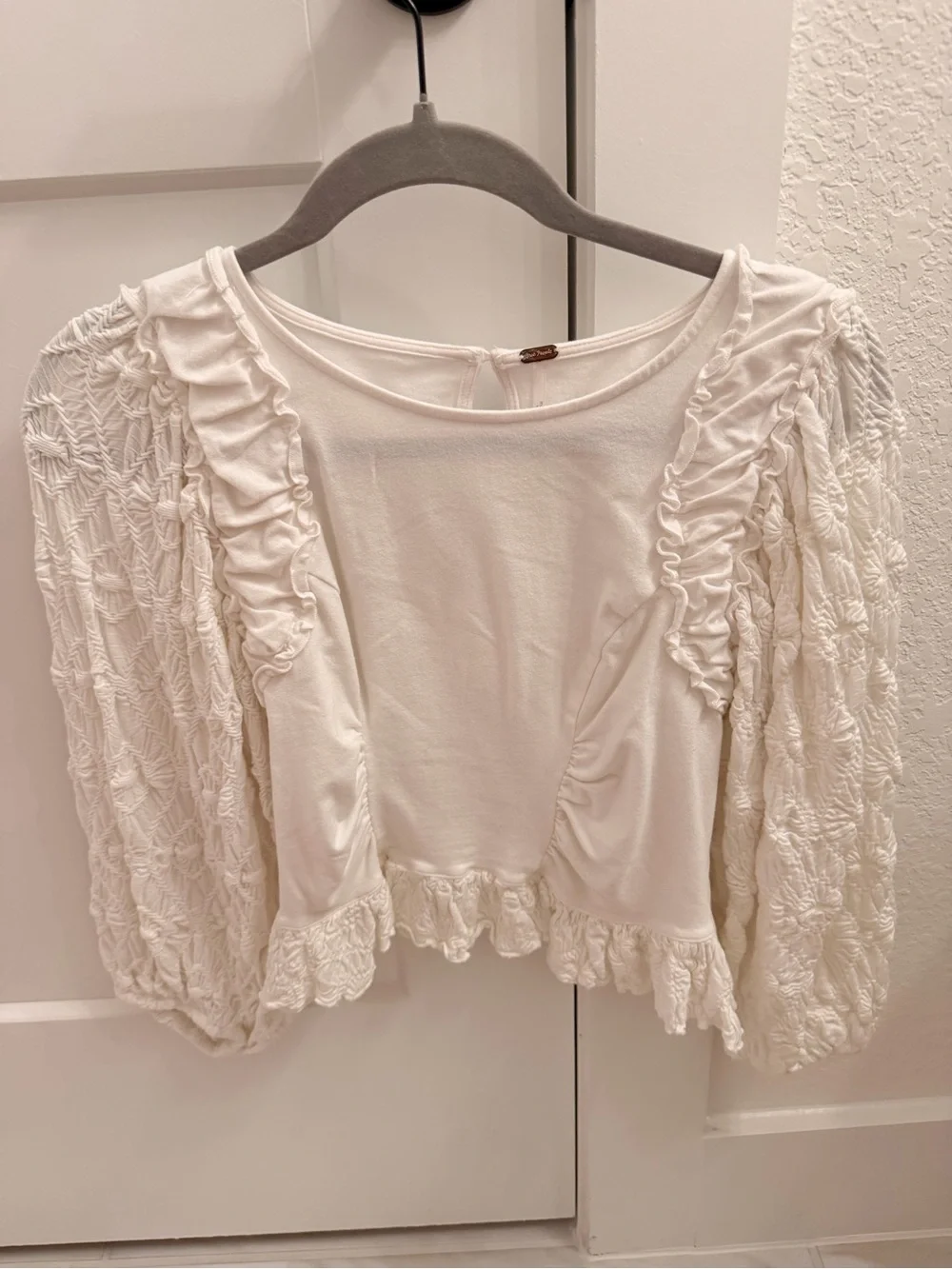 Free People Cream Ruffle Puff Sleeve Cropped Blouse